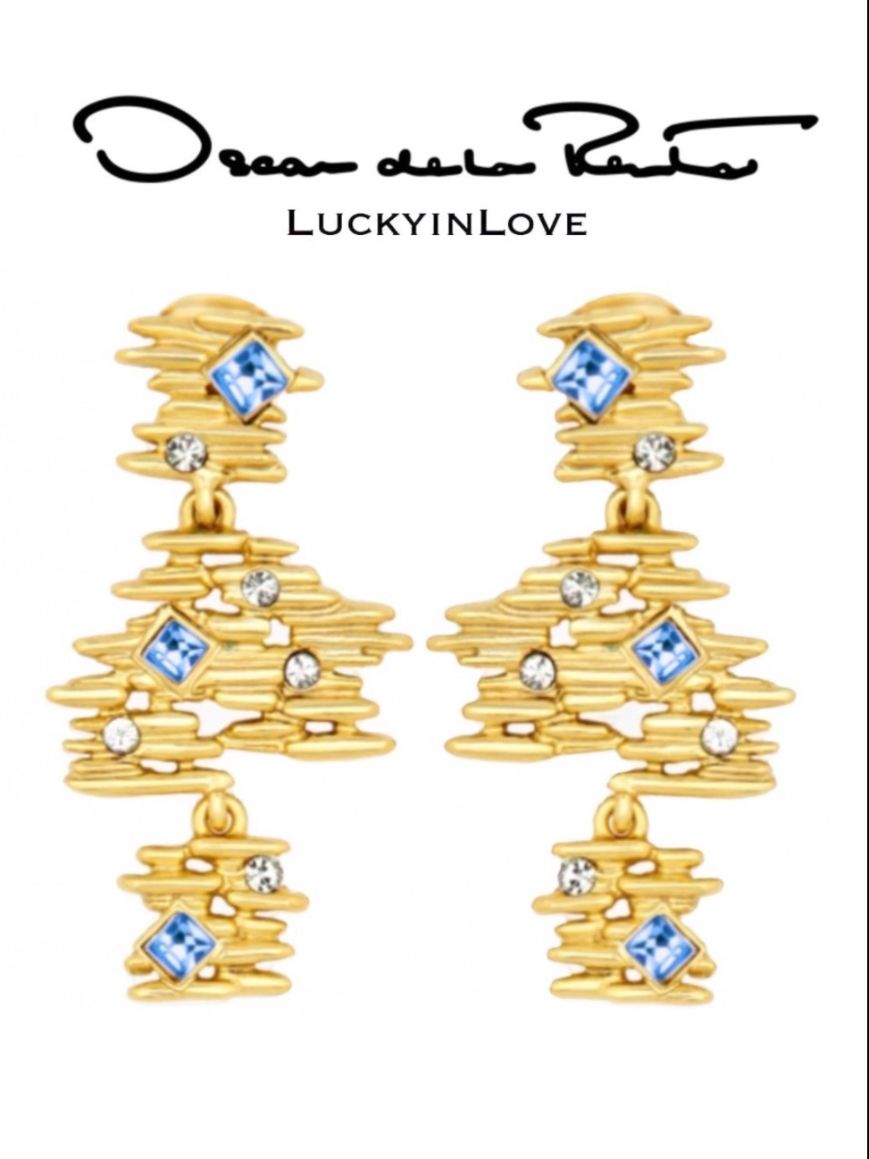 Oscar De La Renta Fine Line Drop Clip-On Earrings Saphire Blue New Season